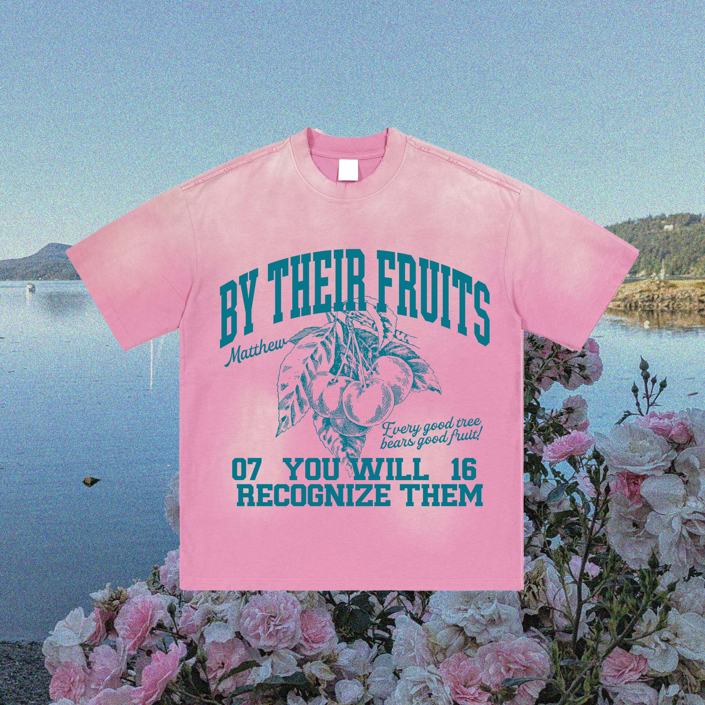 "BY THIER FRUITS" Pink Distressed Tee